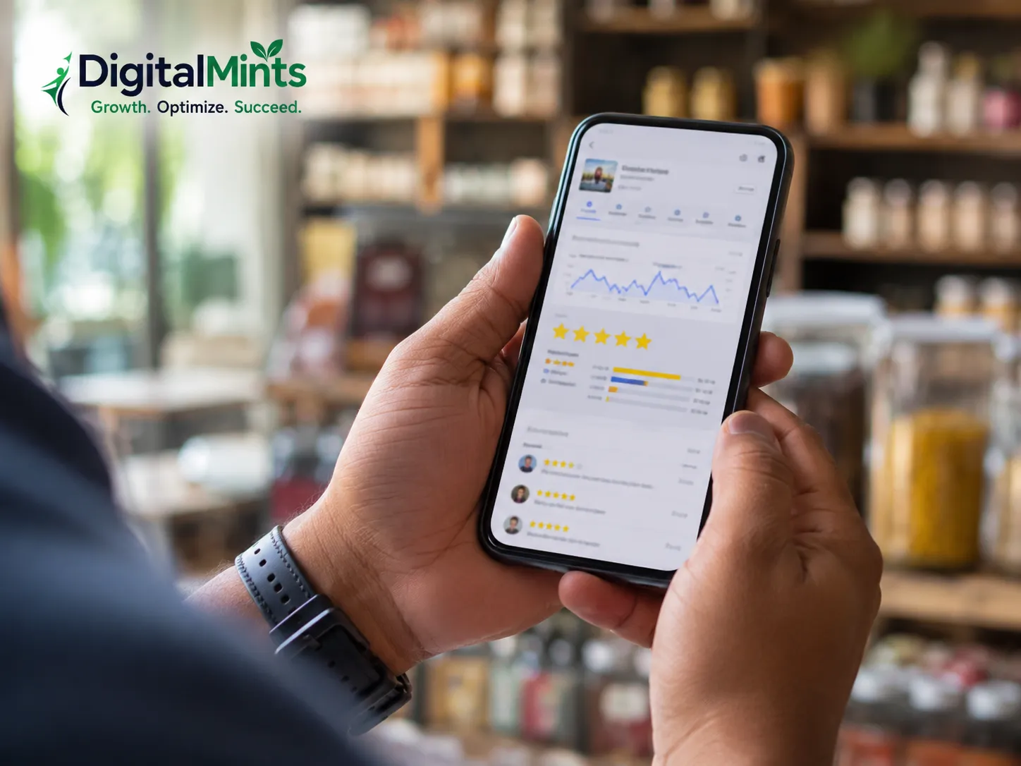 Business owner checking Google Business Profile reviews on a smartphone in Wakad.