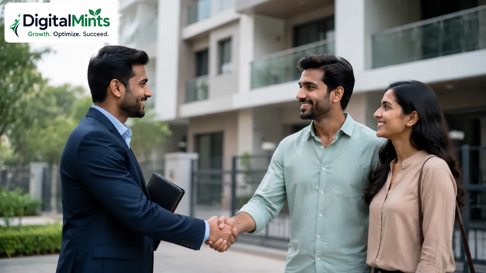 Real estate agent greeting a young couple during a property site visit in Pune.