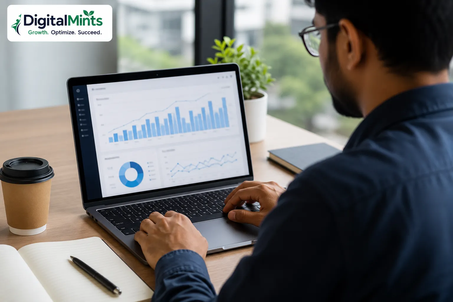 Marketing professional analyzing real estate lead generation performance on a laptop dashboard.