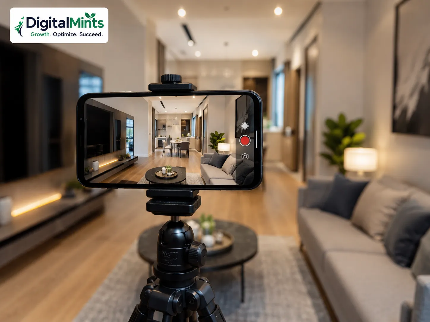 Smartphone recording a virtual property tour video inside a Pune apartment for real estate marketing.