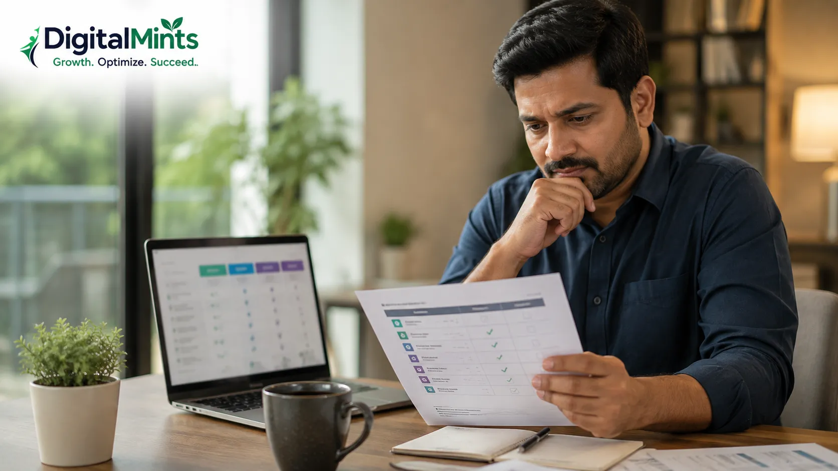 Business owner reviewing a checklist before choosing a digital marketing agency in PCMC.