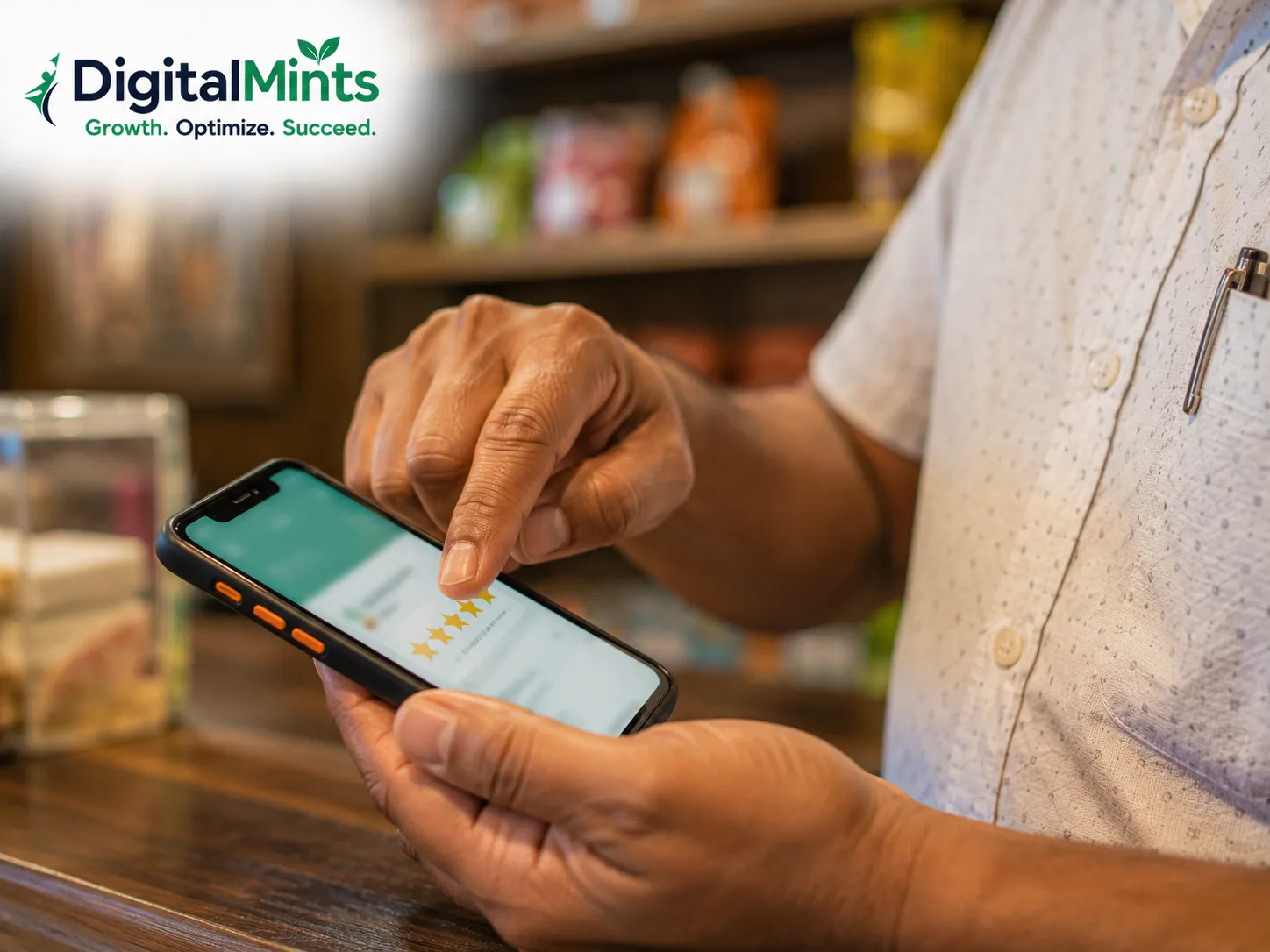 Local business owner in Kothrud managing customer reviews on a smartphone.