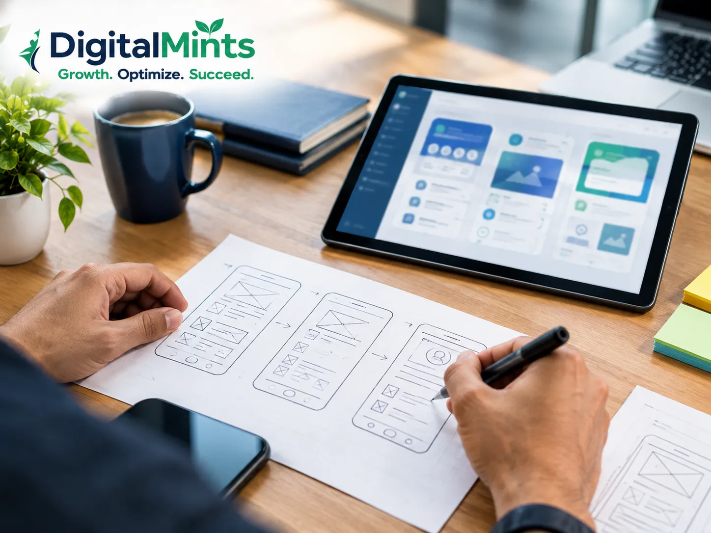 UX designer wireframing a mobile app interface for a Pune business.