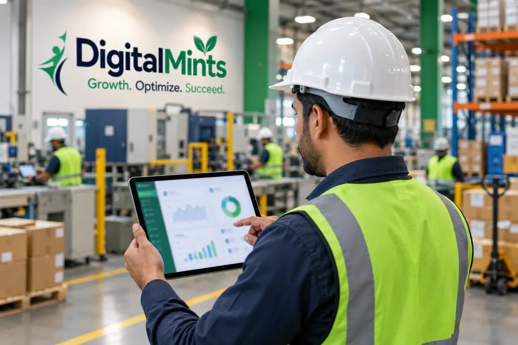 Factory supervisor using an ERP dashboard for inventory and production tracking.