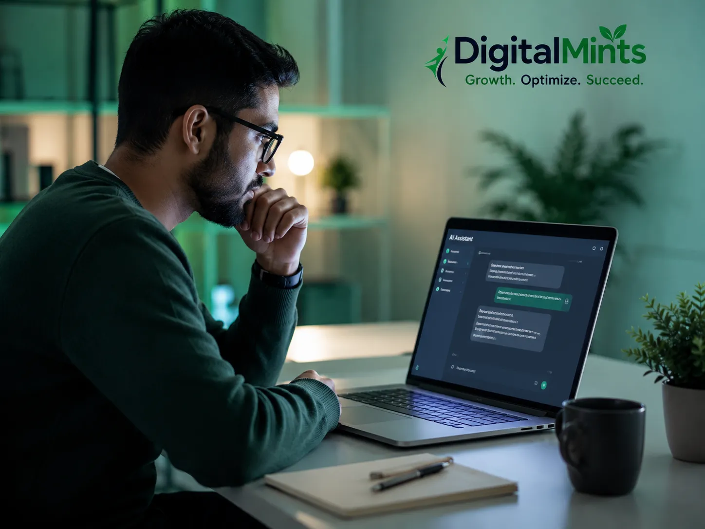 Marketer reviewing AI search visibility and answer engine optimisation results on a laptop