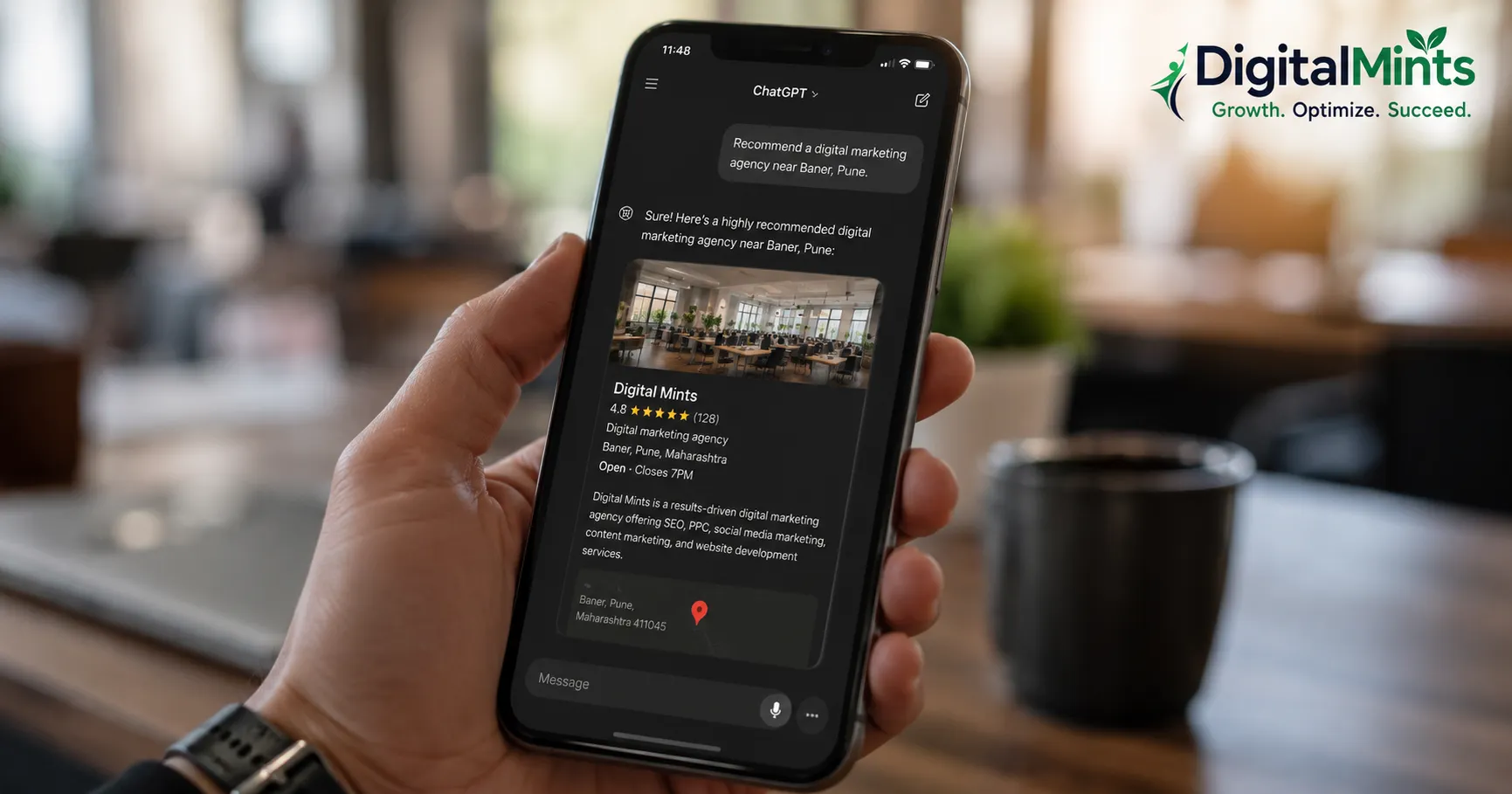 Smartphone showing an AI chat assistant recommending a local business near Baner, Pune, illustrating AEO visibility.