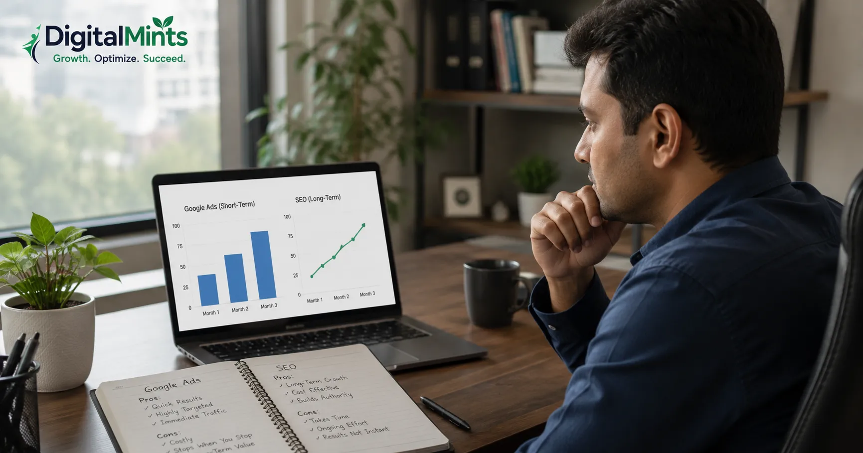 Small business owner in Pune comparing Google Ads and SEO options while planning marketing budget.