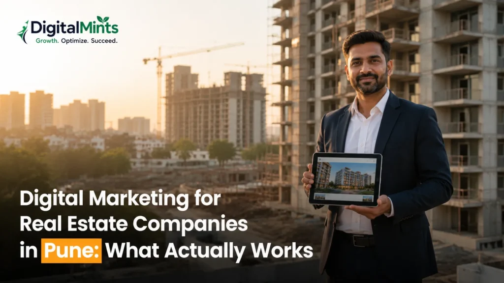 Real estate agent using digital marketing tools to promote a residential project in Pune.