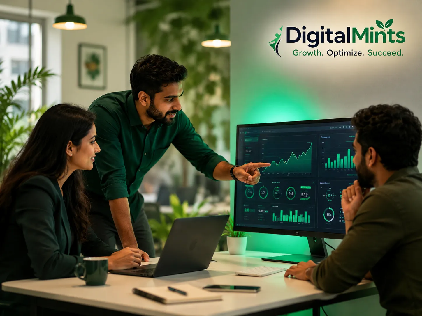 DigitalMints team reviewing digital marketing analytics dashboard in their Pune office