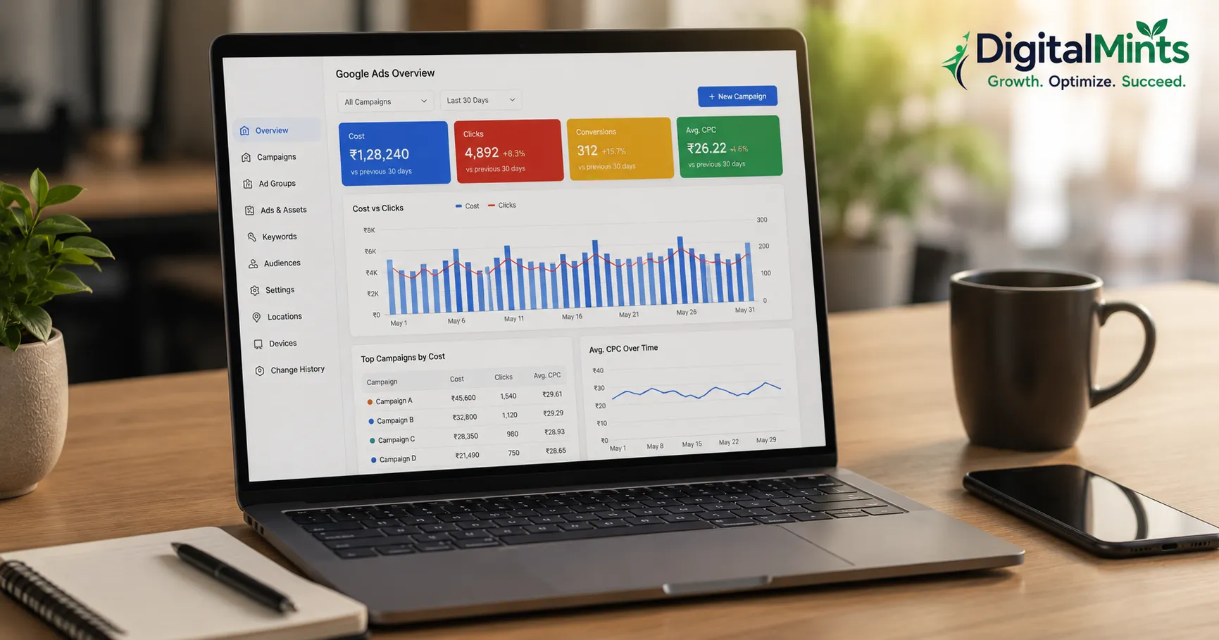 Google Ads dashboard showing cost-per-click and budget metrics in Indian rupees for a small business campaign.
