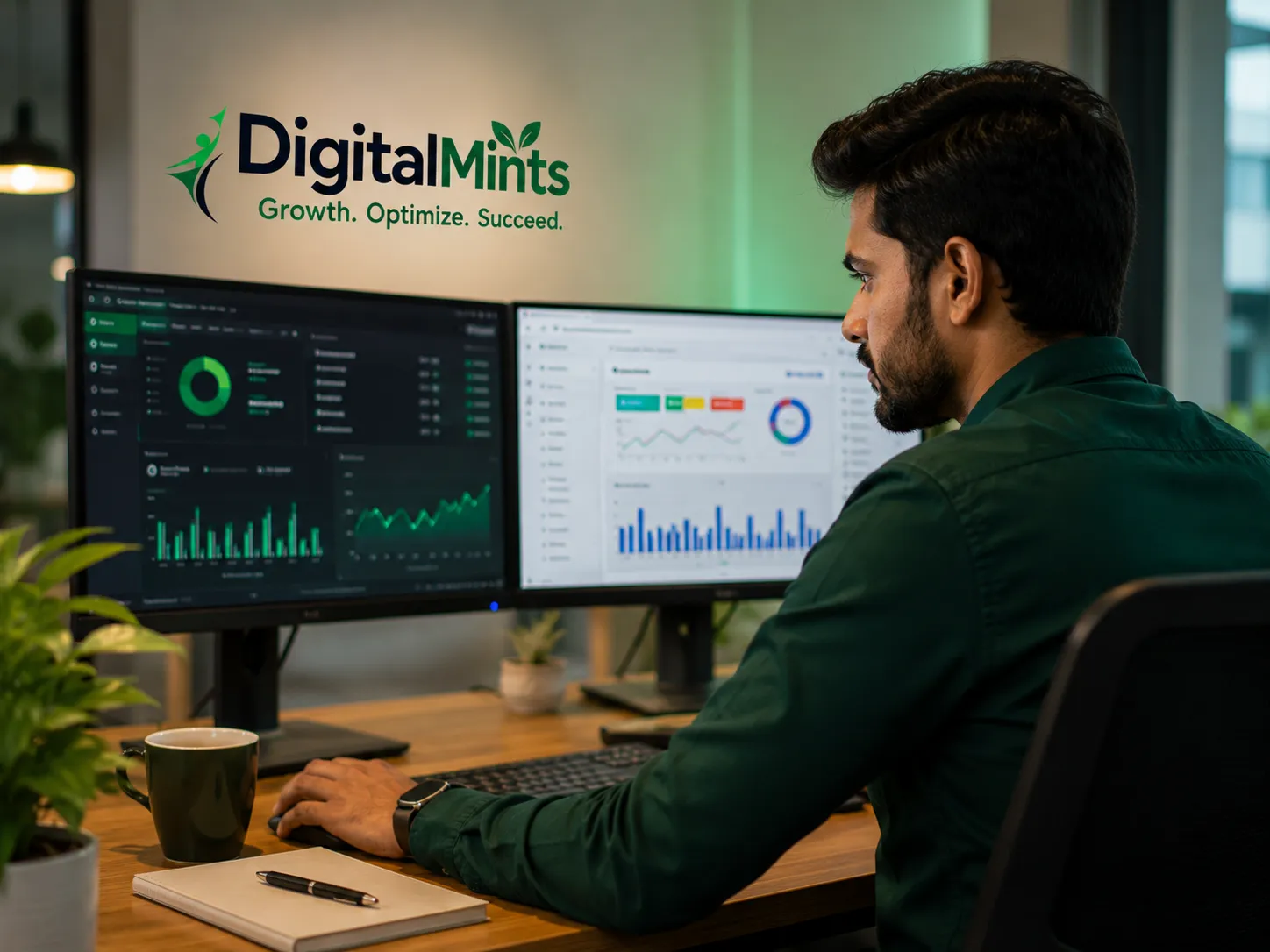 Google Ads campaign manager reviewing performance graphs on dual monitors for a Pune client