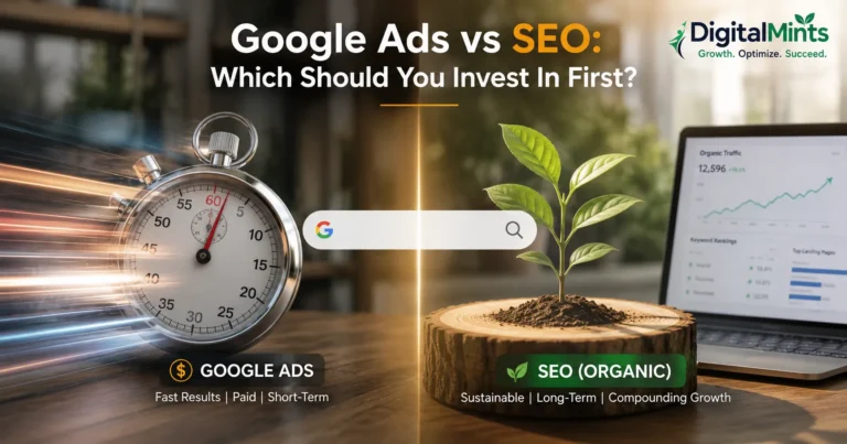 Google Ads vs SEO: Which Should You Invest In First – hero image comparing paid speed and organic growth.