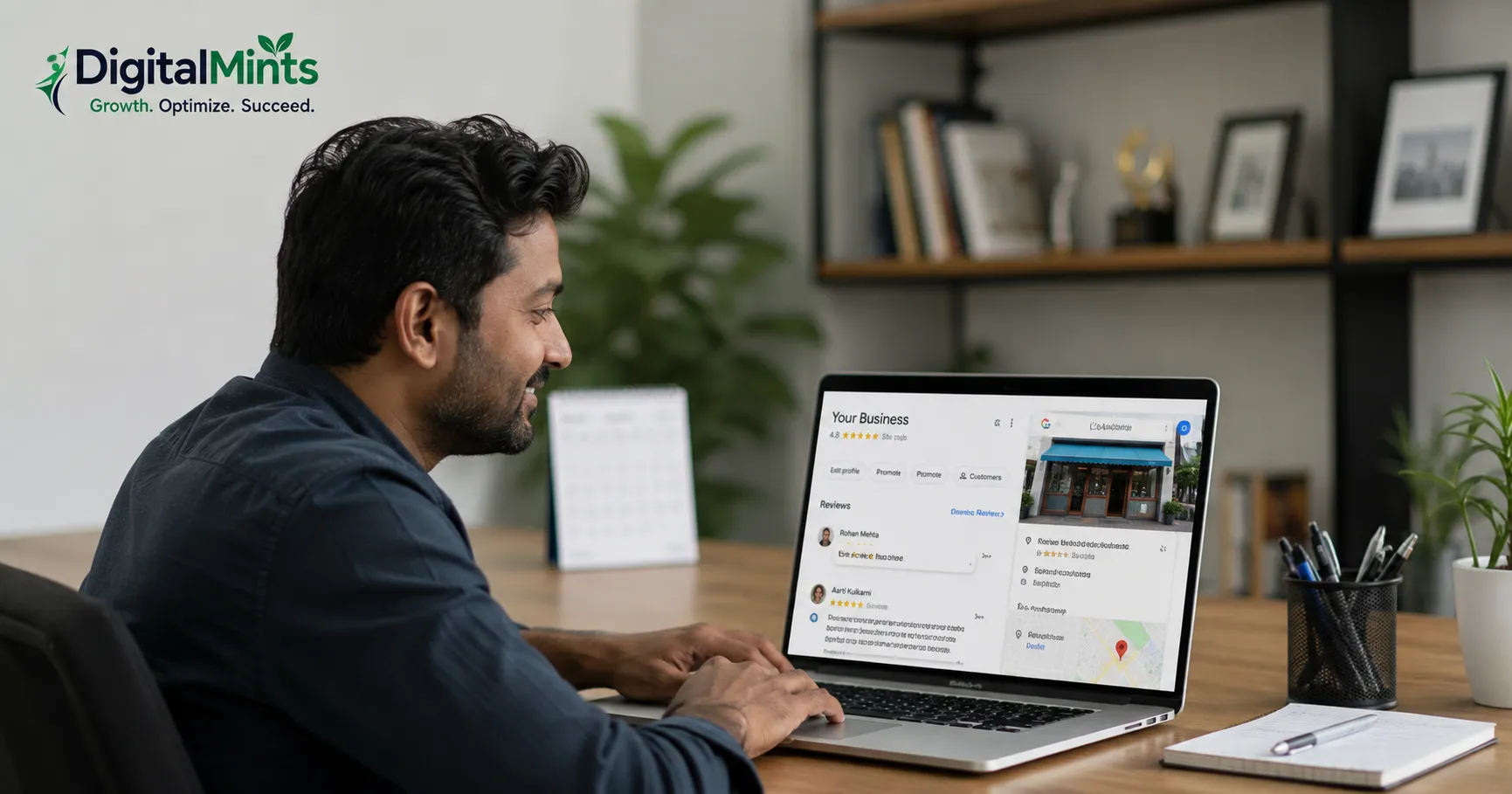 Pune small business owner optimizing their Google Business Profile with reviews and photos on a laptop.