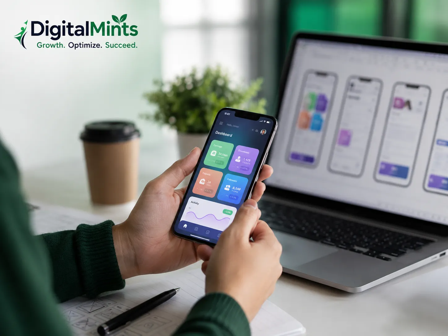 Hands holding a smartphone showing a custom mobile app built by DigitalMints in Pune