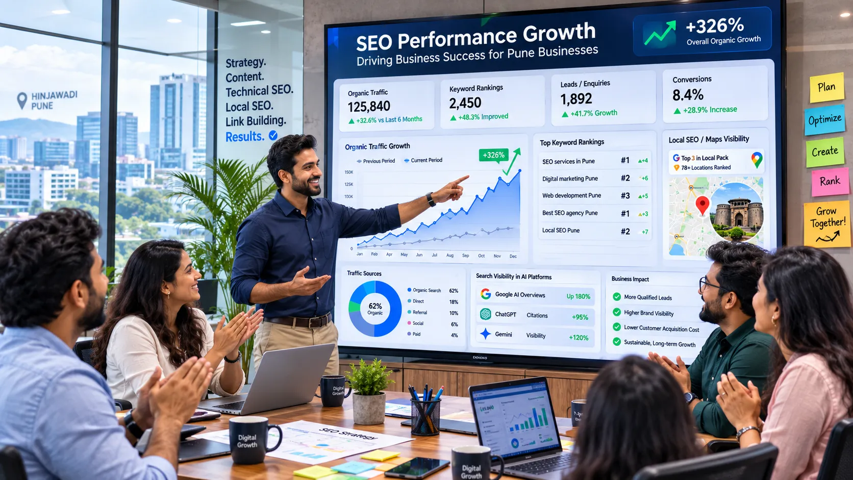 SEO business growth analytics showing increased organic traffic, keyword rankings, and lead generation for businesses in Pune.
