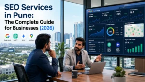 SEO Services in Pune Complete Guide 2026 showing an SEO consultant helping a business owner improve Google rankings and online visibility.