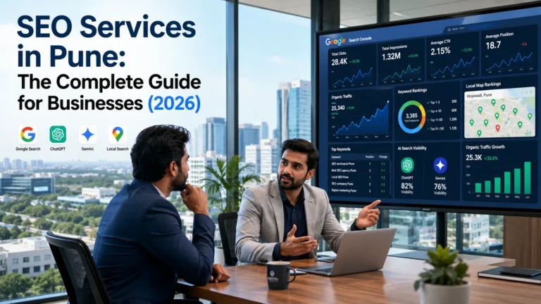 SEO Services in Pune Complete Guide 2026 showing an SEO consultant helping a business owner improve Google rankings and online visibility.