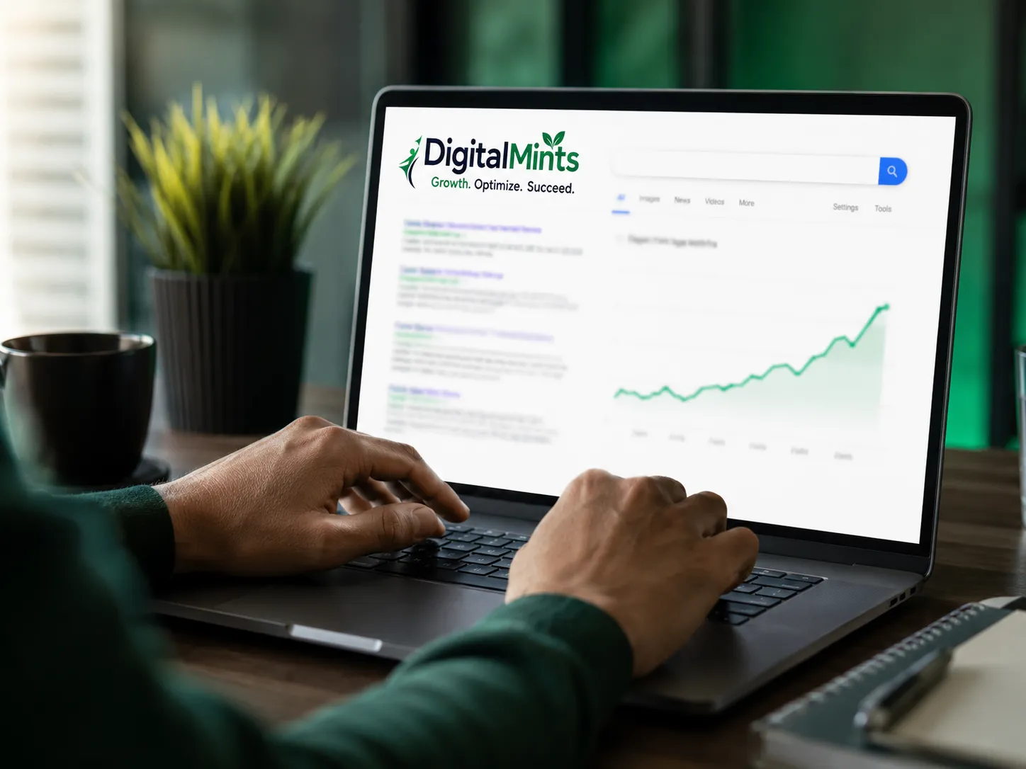 Digital marketer analyzing SEO rankings and search performance on a laptop for a Pune business