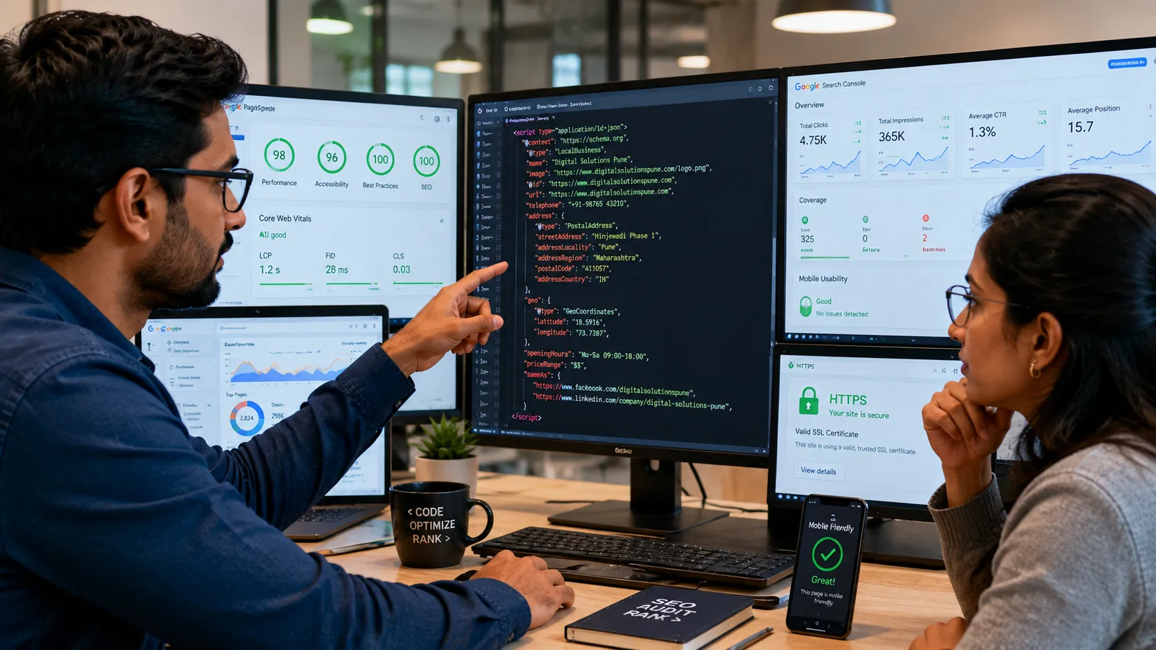 Technical SEO expert optimizing website performance, Core Web Vitals, schema markup, and Google Search rankings for Pune businesses.