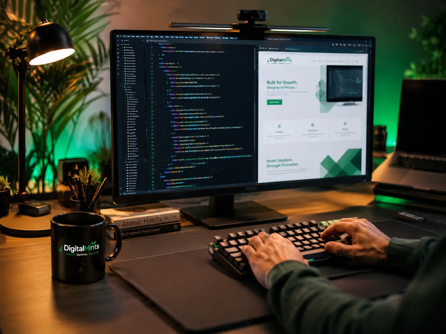 Web developer's workspace showing a website being built and tested for a Pune business