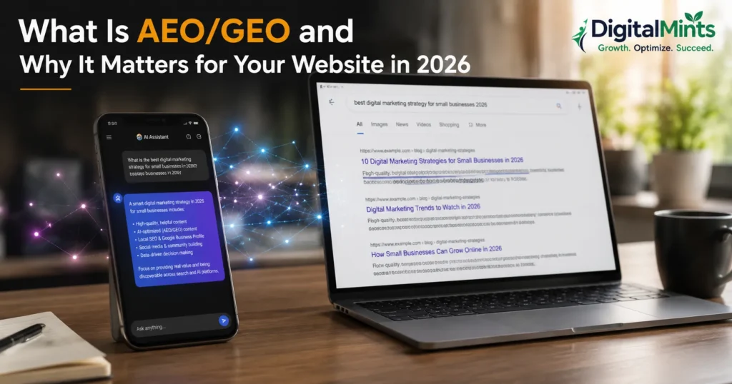 What Is AEO/GEO and Why It Matters for Your Website in 2026 – hero image showing AI chat and search interfaces.