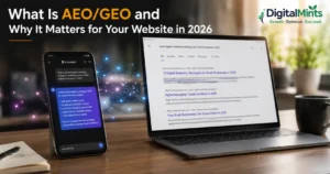 What Is AEO/GEO and Why It Matters for Your Website in 2026 – hero image showing AI chat and search interfaces.