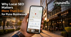 Why Local SEO Matters More Than Ever for Pune Businesses – hero image showing Pune street with smartphone Google Maps search.