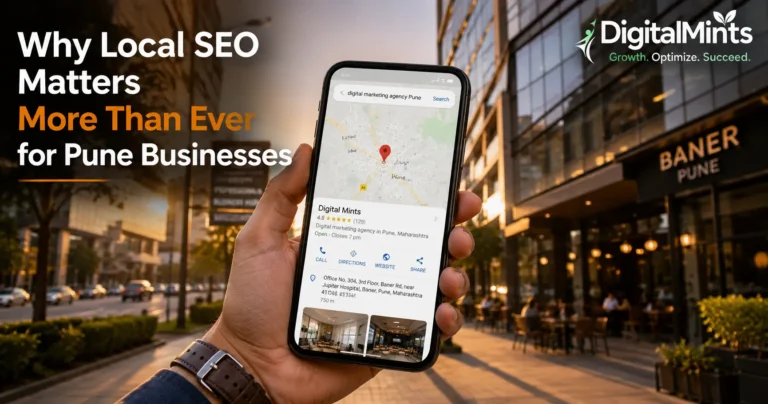 Why Local SEO Matters More Than Ever for Pune Businesses – hero image showing Pune street with smartphone Google Maps search.