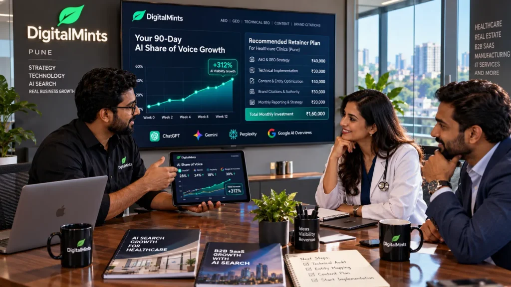 DigitalMints strategy team presenting AEO and GEO services in Pune pricing and 90-day AI search ROI roadmap to a client.